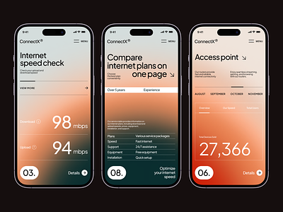 ConnectX - Mobile UI App Concept app clean colourful concept design domain gradient internet ios minimal mobile network operator provider signal statistics typography ui ux