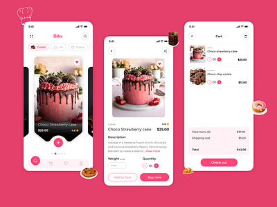 Cake selling mobile app buttons cakes card cart checkout description design ecommerce home page icons illustration light mode like menu mobile app online pasteries rating search bar ui