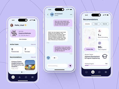 AI University Assistant ai ai assistant app design app ui artificial intelligence chat chat bot college education app mobile mobile app productivity software studying tasks ui ui design university university assistant ux