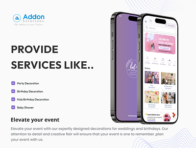 Event Decoration Services for All Occasions Mobile App animation app app design branding celebration app decoration app design graphic design illustration typography ui uiux