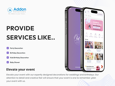 Event Decoration Services for All Occasions Mobile App animation app app design branding celebration app decoration app design graphic design illustration typography ui uiux