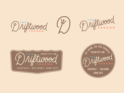 The Driftwood Tavern - Logo Sheet alcohol bar beach beige beverage branding brown design drink food fun graphic design illustration lettering logo ocean restaurant trident typography vector