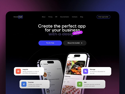 Landing page for the mobile app builder service animation chat cta dark mode features first screen full width landing page mobile mobile app builder mockup nimax promo ui webdesign