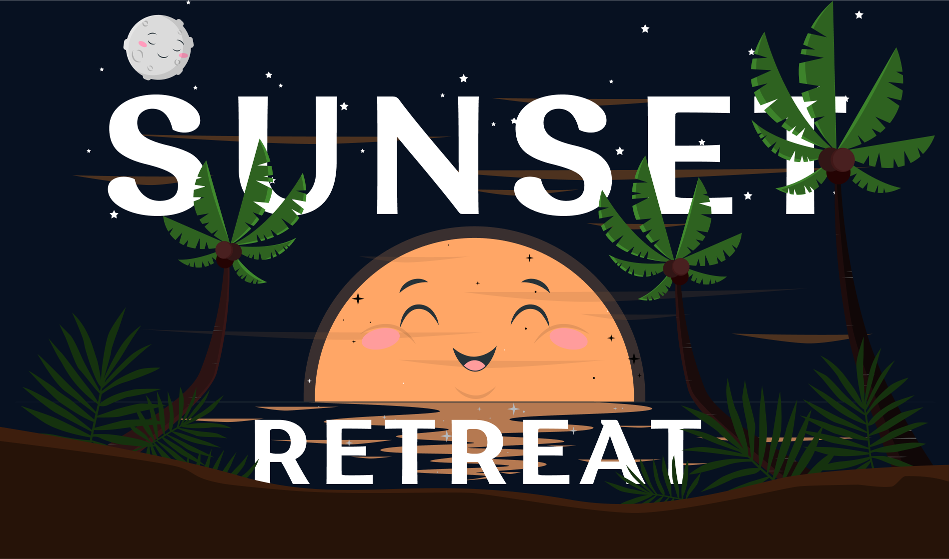 Sunset Retreat - Illustration beach color design figma graphic graphic design happy illustration moon nature plants sand sea sky sun sunset trees ui vector water