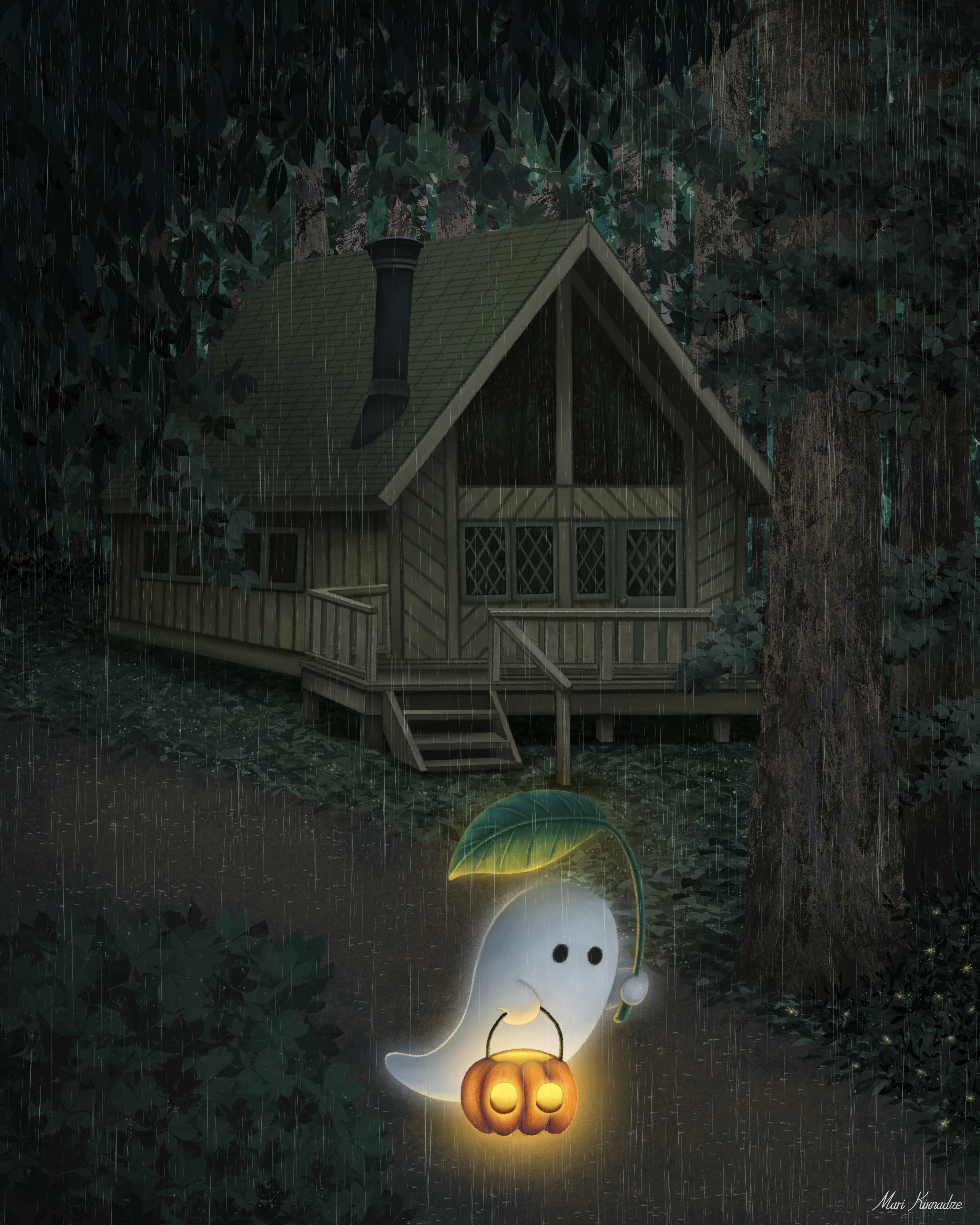 Ghost House concept art cottage digital art digital illustration digital painting dragonflies foliage forest ghost ghost house house illustration lantern leaf nature photoshop pumpkin rain trees umbrella