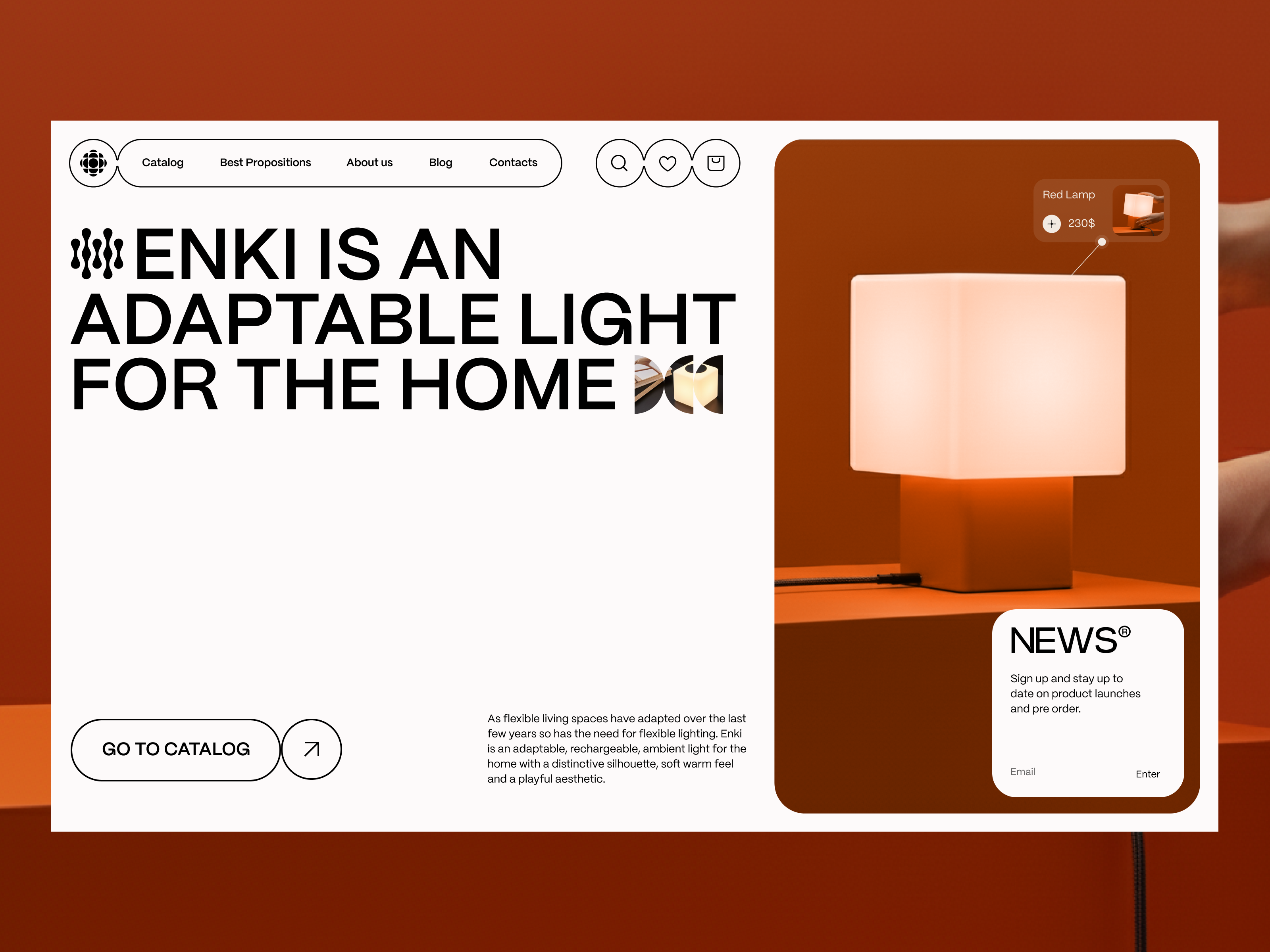 Enki e-commerce landing page cards ecommmerce lamp landing page product design red web design