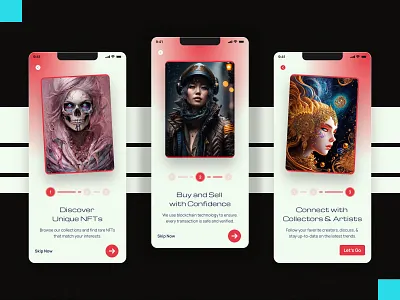 NFT Onboarding Screens UI concept design cryptocurrency dailyui framer framer design high fidelity mobile app mobile app design nft design nft marketplace nft mobile app nft onboarding screen onboarding screen ui ui design