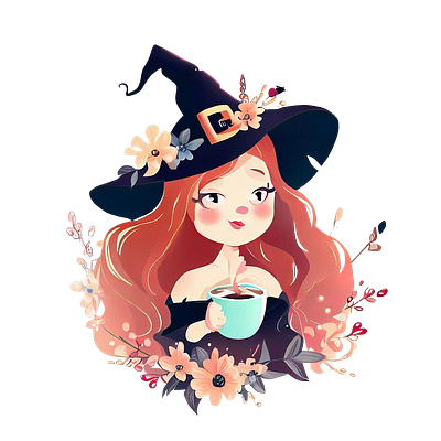 Little Cute Witch Girl Drink A Coffee Vector Illustration. illustration