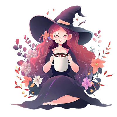 Little Cute Witch Girl Drink A Coffee Vector Illustration. illustration