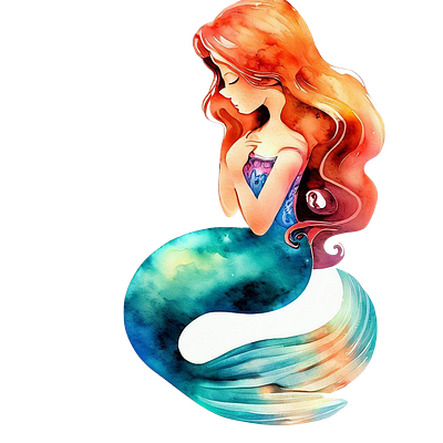Little Mermaid Character Watercolor illustration, Orange Hair child