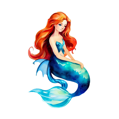 Little Mermaid Character Watercolor illustration, Orange Hair child