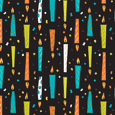 Uniquely Gifted Pattern Collection - Candle Repeat birthday black bright candle candles celebrate confetti fire flame gift wrap illustrator neurodivergent neurodiversity orange party pattern design seamless repeat streamers teal wrapping paper