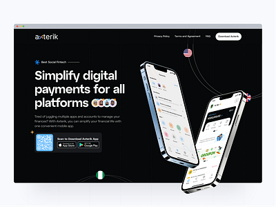 Axterik - Fintech Landing Page v2 branding fintech fintech landing page header hero hero section homepage landing landingpage ui uiux design web design web header webpage website