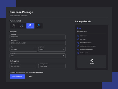 Payment Page - Dark Mode billing info cashapp dark dark mode payment paypal pricing purchase package ui component venmo