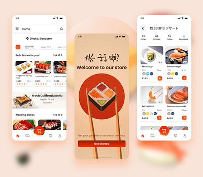 Sushi Food Mobile App Design🧡 app design figma food apps design food delivery design mobile apps design sushi design ui ui design user flow ux design wirefram