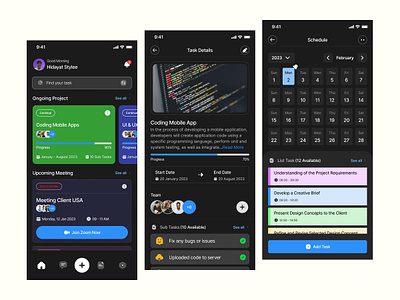 Task Management Mobile App dark mode app design inspiration duty app ios app list today app management time meeting app meeting management productifity app task manager time app to do list app ui inspiration ui ux design ux inspiration