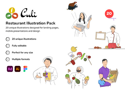 Culi Restaurant/Delivery Illustration Pack adobe illustrator adobe xd ai app culi delivery design figma food food delivery illustration landing page restaurant svg ui vector vector graphics