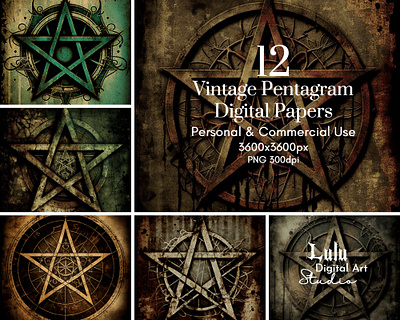 12 Vintage Pentagram Digital Papers - Grunge Background commercial use digital art resources