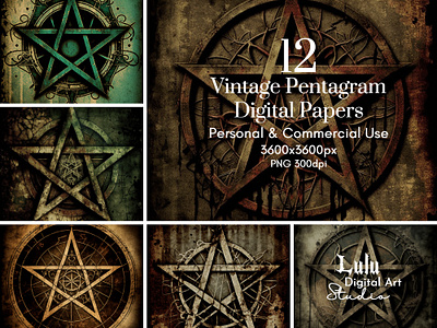 12 Vintage Pentagram Digital Papers - Grunge Background commercial use digital art resources