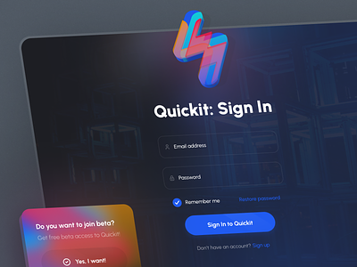 Quickit - Sign In for AI Interfaces 3d ai artificial intellegence blue design flash free gradient login password quickit registration sign in template theme udix ui ui8 ux web