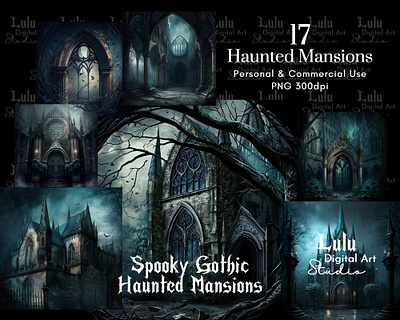 17 Gothic Haunted Mansions Clip Art Set for Spooky Designs commercial use eerie witchy mystical