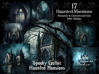 17 Gothic Haunted Mansions Clip Art Set for Spooky Designs commercial use eerie witchy mystical