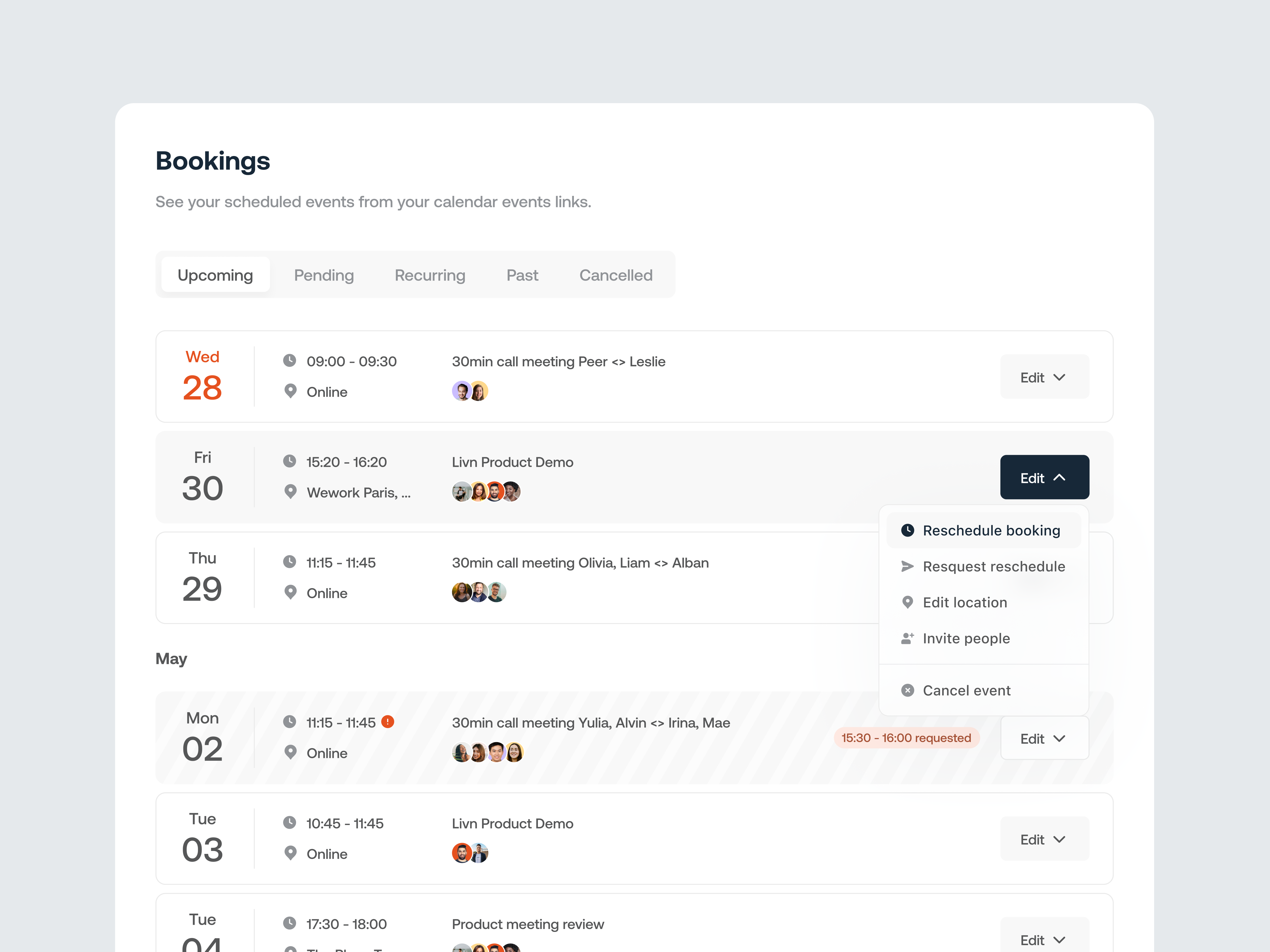 Example of Tabato Calendar app · Bookings