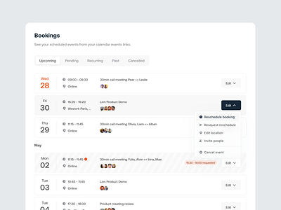 Tabato Calendar app · Bookings agenda appointment booking calendar dashboard design system events filters list menu modal navigation popup productivity projects saas table tasks team teamwork