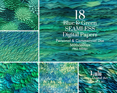 18 Blue & Green Seamless Digital Papers digital download