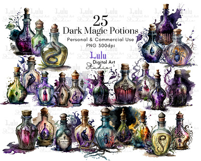 25 Dark Magic Potions - Gothic Witch Clipart Graphics eerie creepy spooky halloween fantasy scrapbooking