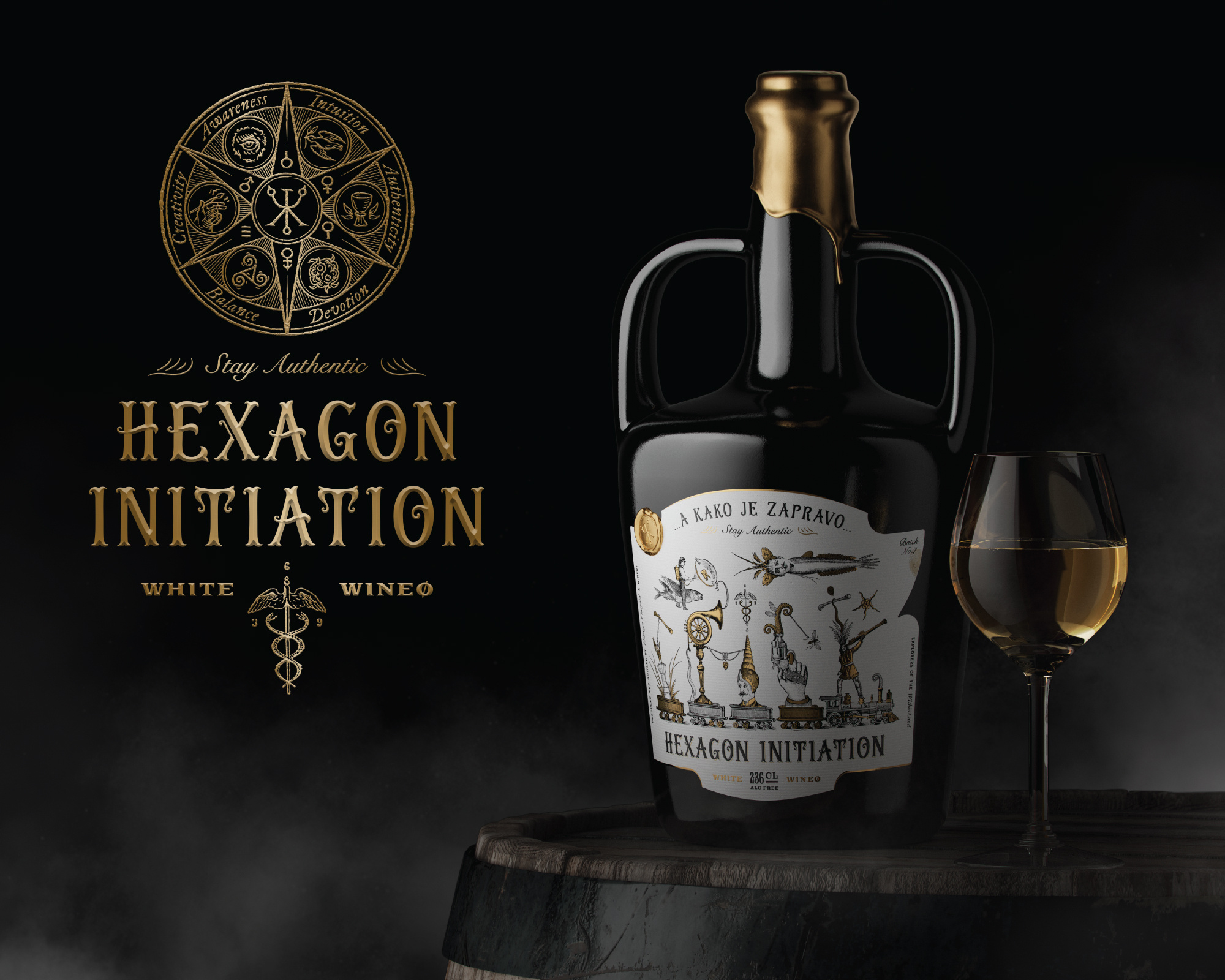 Hexagon Initiation alchemy brand identity branding classy collage gold hand drawn illustration label label design lettering logo design mystic occult packaging packaging design typography vintage wine label winery