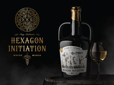 Hexagon Initiation alchemy brand identity branding classy collage gold hand drawn illustration label label design lettering logo design mystic occult packaging packaging design typography vintage wine label winery