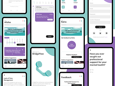 BridgeFlow: Empowering Academic Stress Communication academic stress app academic success app academic ui design beginner friendly app design blue purple app aesthetic design empowering parent app illustration parent communication app parenting ui design positive academic app student communication app student parent app student parent communication app teal purple ui aesthetic ui ui design minimalist aesthetic