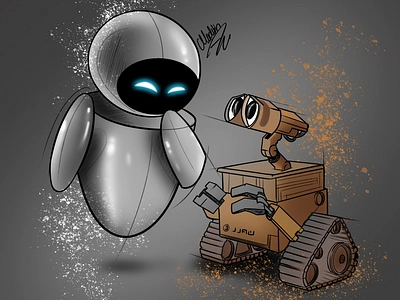 Wall e and eva illustration artwork cartoon disney drawing eva for hire illustration mascot photoshop walle e