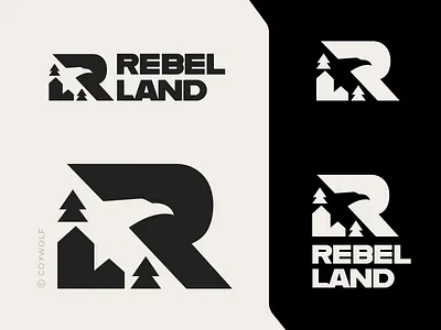 Rebel Land Brand Mark bird branding eagle forest freedom graphic design hawk illustration letter r logo logo design logos minimalist monogram nature pine tree real estate realtor rebel