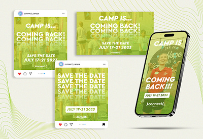 Camp is Back Campaign adobe advertising branding fade gradient grainy graphic design green illustrator instagram instagram stories marketing overlays save the date social media social post stacked text summer camp topo topographical patten