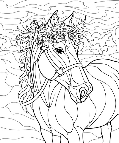 Horse Coloring Page adobe illustrator coloring coloring book contour flowers horse illustration line lineart vector