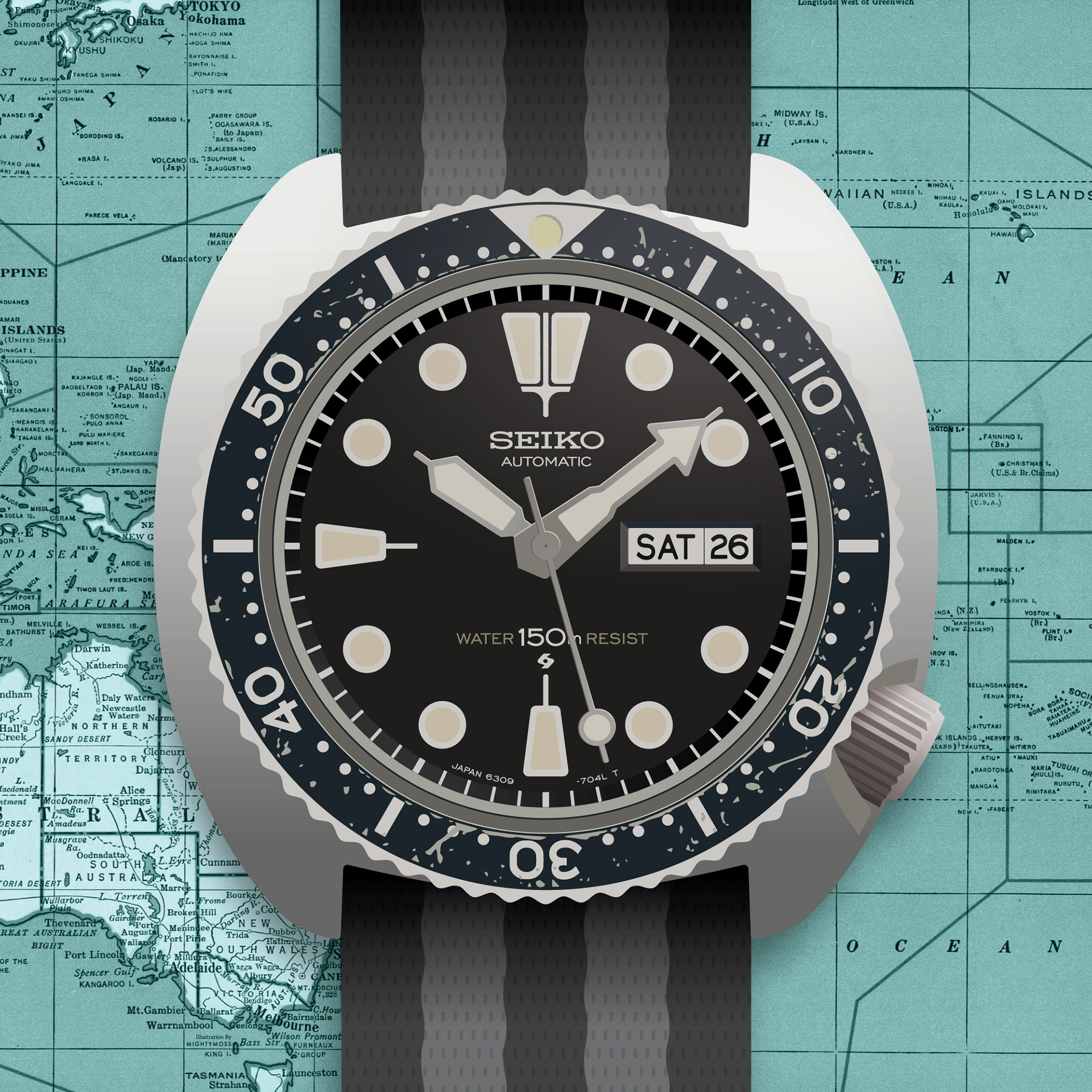 Vintage Seiko Watch Illustration 1978 6309 7049 design dive illustration mightymoss seiko suwa vintage watch