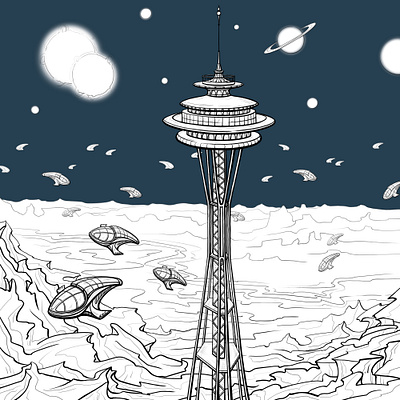 Space Tower alien contour cosmic illustration line lineart photoshop planet planets sketch sky space spaceship sun tower