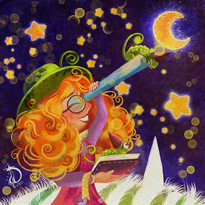 "Show me the moon" adventure book book illustration chameleon chameleons character illustration magic moon night sky realm stars telescope universe
