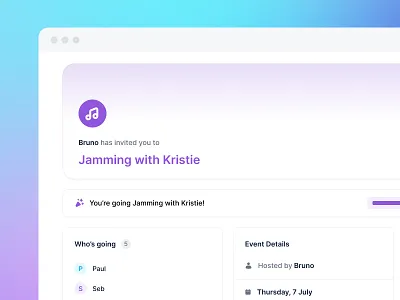 Calendly Event Invitation UI (SaaS) bruno calendar calendly clean confetti design gradients minimal music purple schedule ui ux