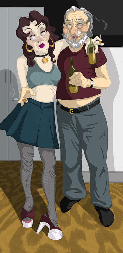 Bukowski and his lover cartoon characterdesign design digitalart digitalpainting flatillustration illustration portrait