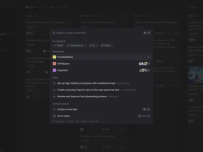 Command+P search menu: Dark Mode command k command k menu command k panel command navigation command p command p menu command panel command search commandk commandp omnisearch quick actions quick search raycast search modal smart search spotlight search universal search