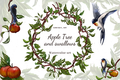 Apple tree and swallows design graphic design illustration