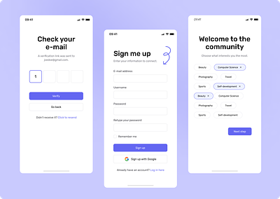 Sign up, Welcome Page, Check your e-mail check e mail mobile app modern design purple sign up ui ux welcome page