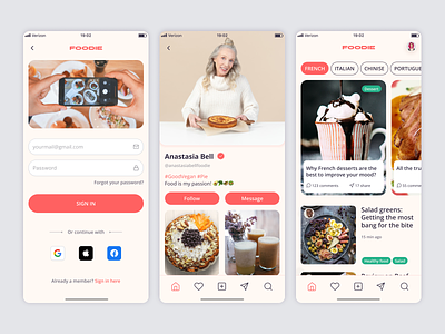 Mobile app for food lovers app artist branding cards cta design feed filter food lables news news feed product design profile sign in sign up social media stories ui ux