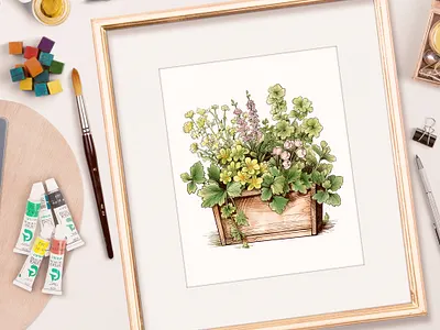 Watercolor Wooden Flower Pot design illustration