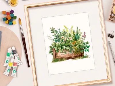 Watercolor Wooden Flower Pot design illustration