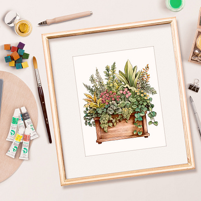 Watercolor Wooden Flower Pot design illustration