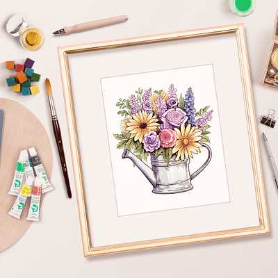Watering Can and Flowers design illustration